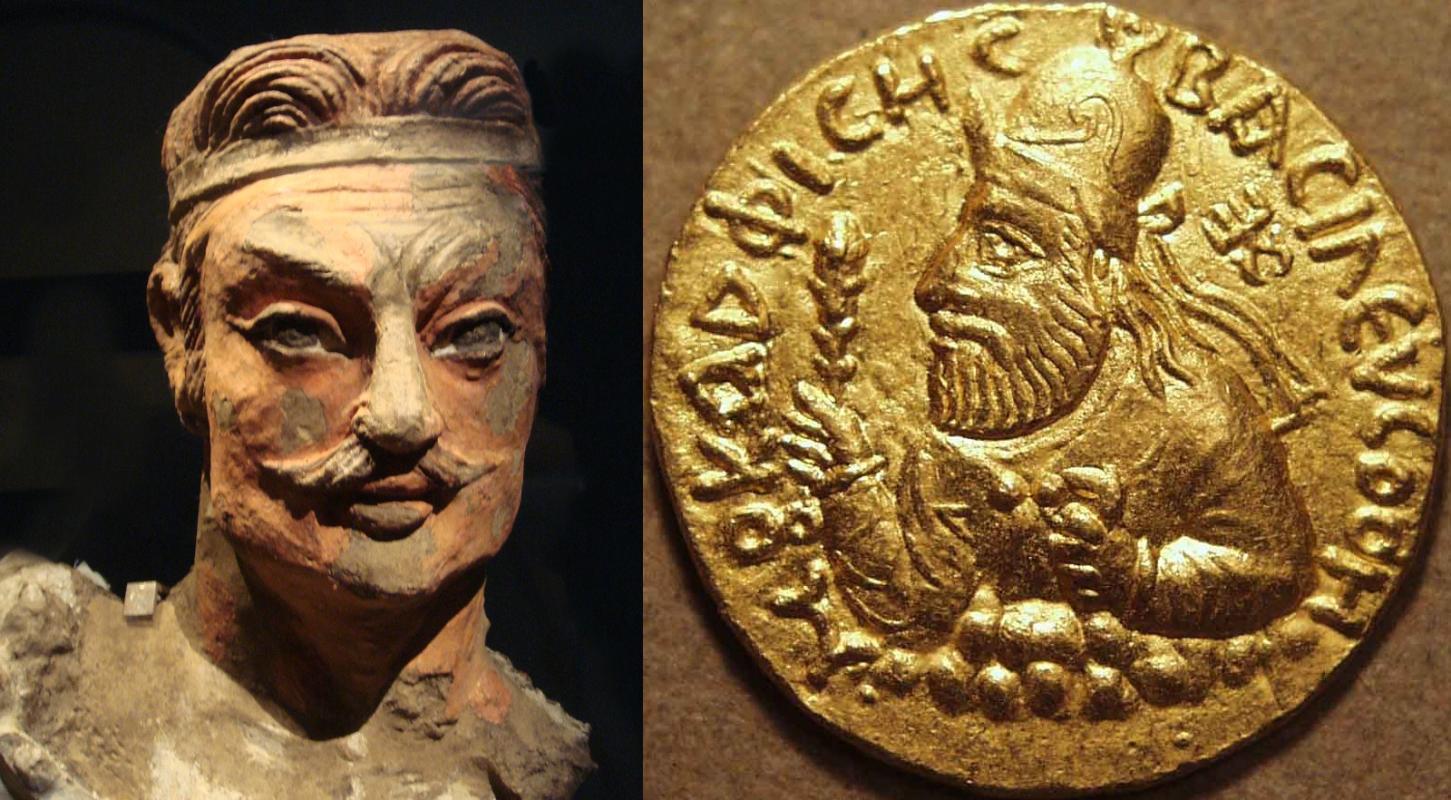 Two images: a head of Kushan prince (from the royal palace of Khalchayan, Uzbekistan) and a coin dep